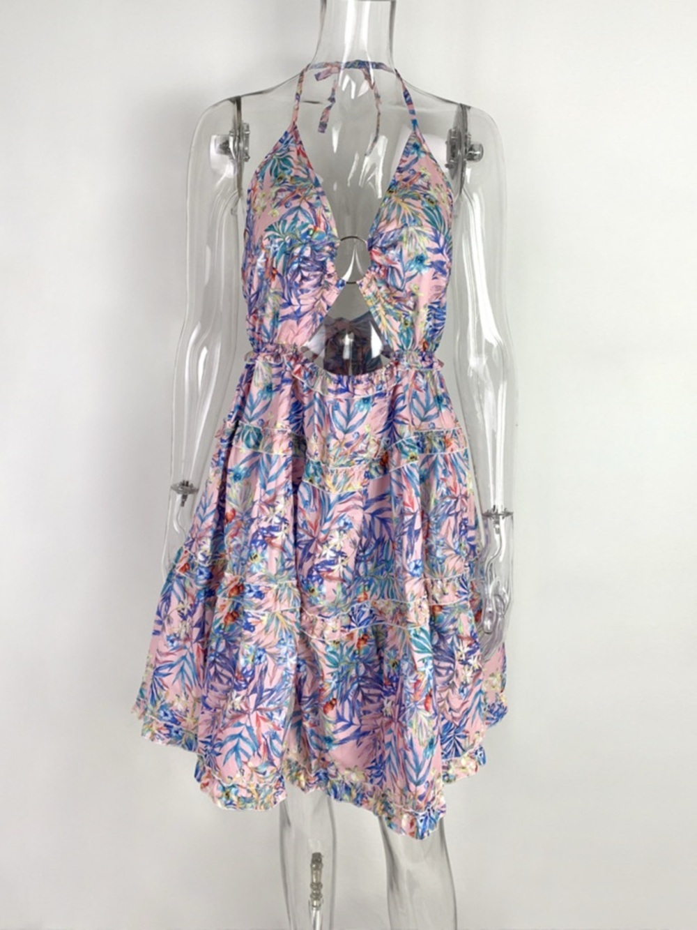 Colorful Print Halter Neck Ruffle Mini Dress - Picture 12 of 16